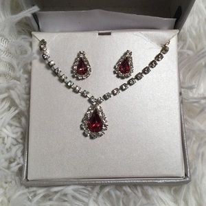 RMN red crystal teardrop & white rhinestone necklace and earrings set